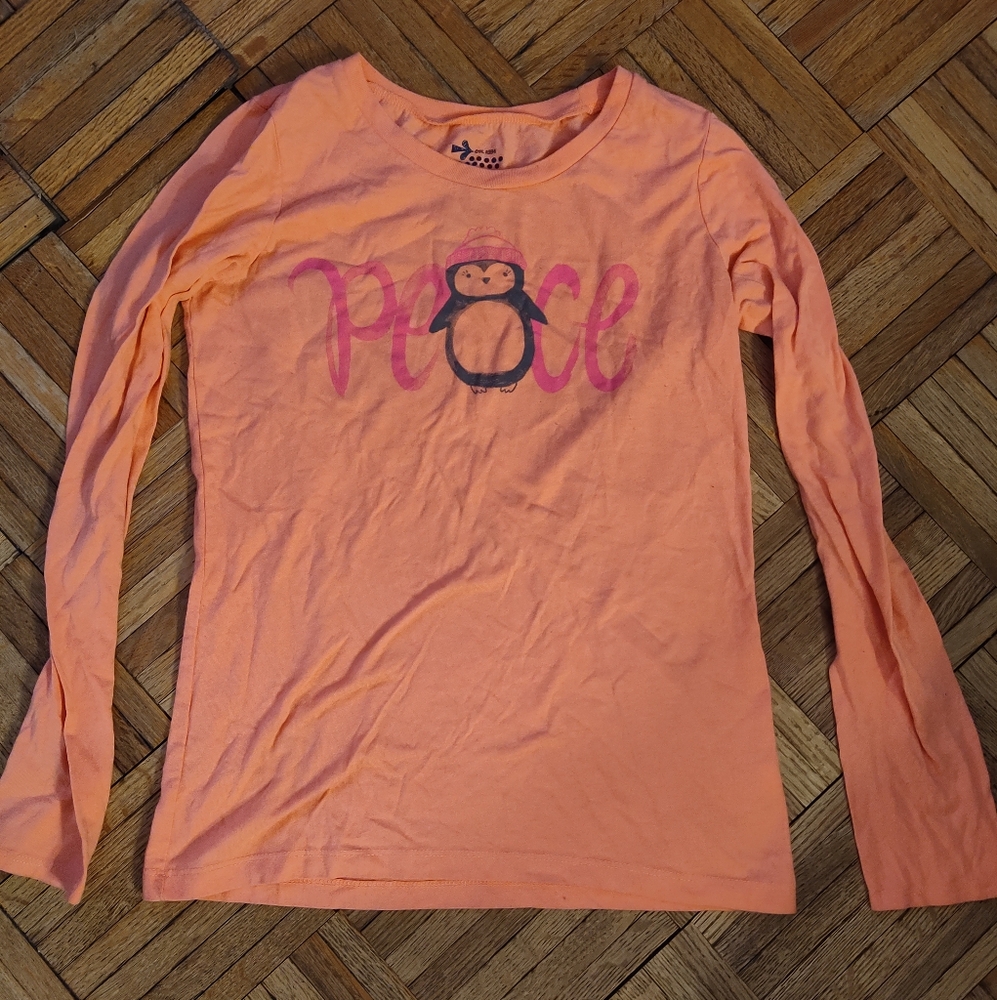 Old Navy Orange "Peace" Long Sleeve Shirt With Penguin Design (KIDS SIZE)